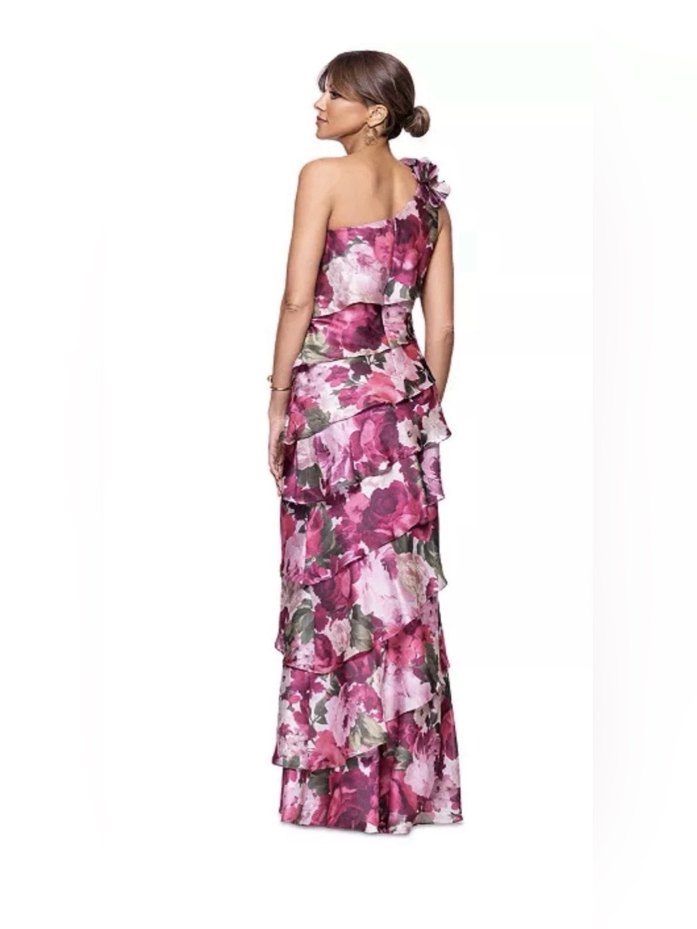 Xscape One-Shoulder Tiered Floral Evening Gown in Pink and Green size 10 - Picture 4 of 6